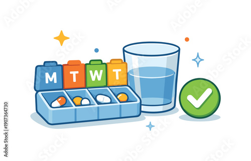 Mindful Medicine Routine. Calm daily routine of taking medicine or supplements responsibly as part of self care at home, a pill organizer paired with a small