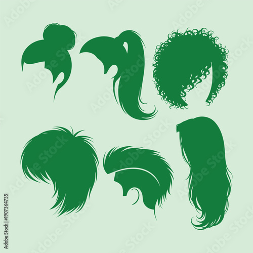 Green silhouettes of six different hairstyles on light green background haircuts curly hair