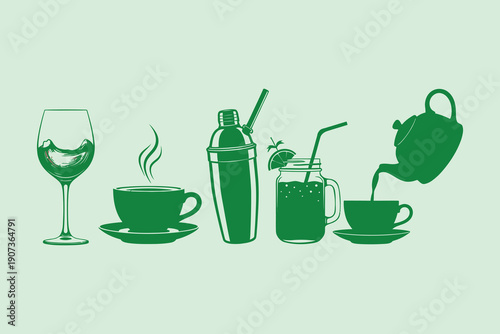 Green silhouettes of various drinkware and glasses wine glass