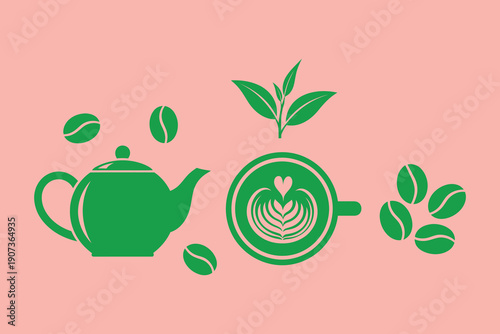 Green tea and coffee on pink background with leaves teapot