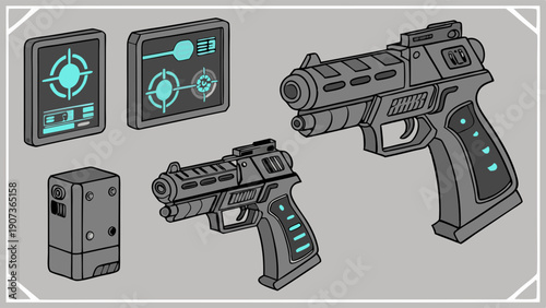 Futuristic Sci Fi Laser Pistol Weapon Blueprints for Game Development UI Design Assets