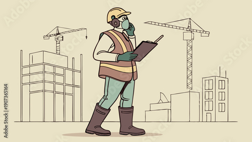 Construction Site Manager Inspecting Safety Protocols on Job Site with Cranes for Real Estate Development and Engineering Projects