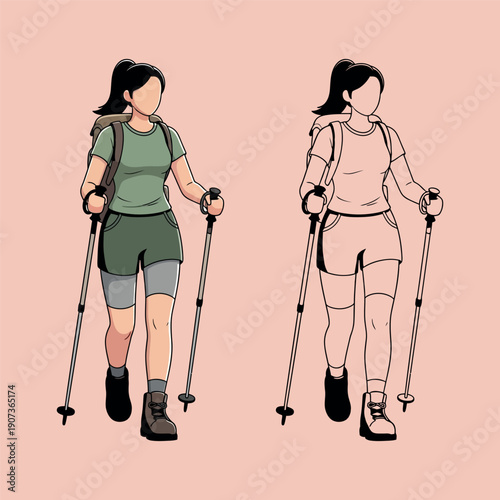 Minimalist cartoon women hiking with trekking poles
