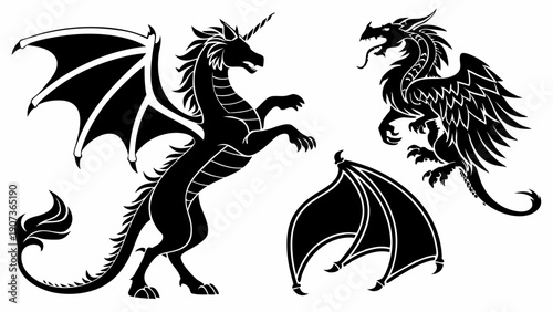 Mythical Dragon Unicorn Heraldry Silhouettes Perfect for Fantasy Gaming Logos Tattoo Designs Medieval T-Shirt Prints