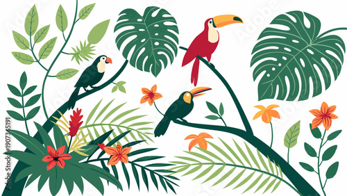 Vibrant Toucans Perched in Lush Tropical Jungle Foliage for Travel Web Design or Exotic Nature Backgrounds