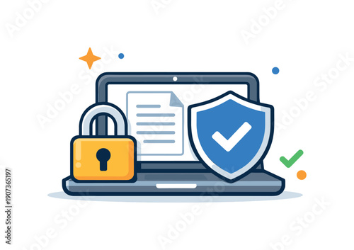 Digital security awareness and safe online behavior in daily technology use, a laptop combined with a lock and a shield representing protected data and