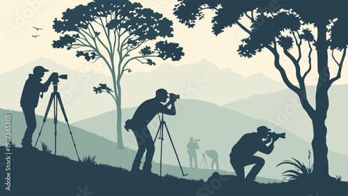 Wildlife Photographers Capturing Scenic Landscape Vistas with Tripods Outdoors for Nature Documentary Production or Travel Blog Content