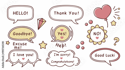 Cute Doodle Speech Bubbles Set Hello Goodbye Yes No Thank You for Web Design Chat Apps Social Media Graphics
