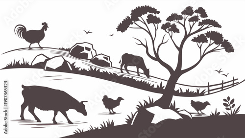 Rustic Farm Silhouette Landscape with Rooster Sheep Cow and Chickens for Agriculture Branding and Countryside Design Projects