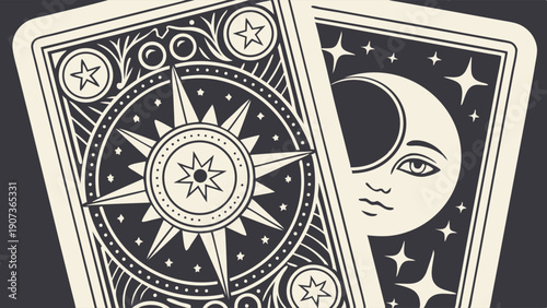 Mystical Tarot Card Backs Featuring Celestial Moon and Compass Rose for Fortune Telling and Esoteric Design Projects