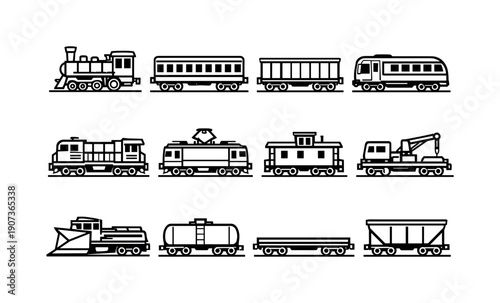Railway vehicles in linear style: locomotive, passenger carriage, freight wagon, railcar, diesel engine, electric engine, caboose, maintenance vehicle, snowplow