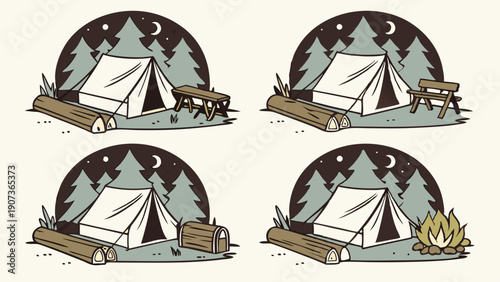 Four Vintage Camping Scenes with Tent Logs and Campfire for Outdoor Adventure Web Design or Travel Brochure Graphics