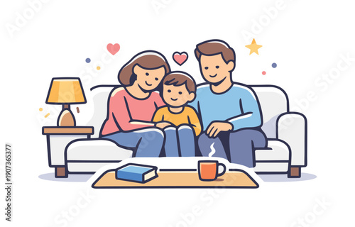 Calm family evening centered on rest and emotional closeness at the end of the day, two adults and a child sitting close together on a sofa with a soft table