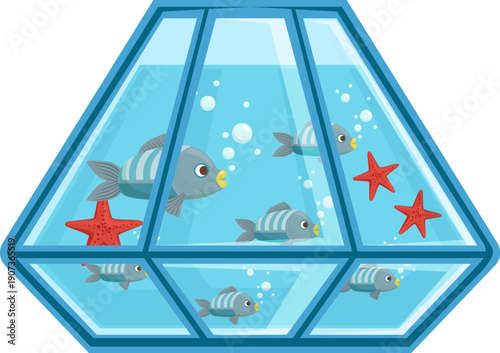 Decorative aquarium with fish. Marine tropical pet icon