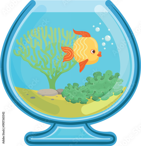 Golden fish in glass fish bowl. Cartoon pet icon