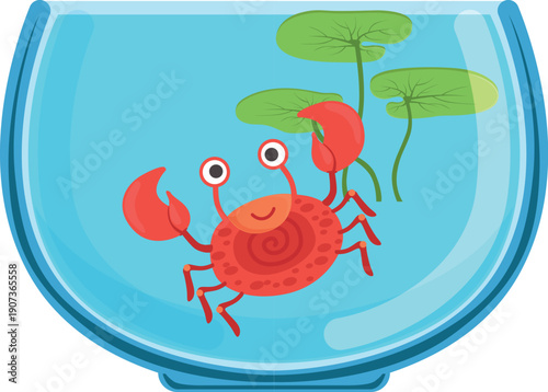 Funny crab in fish tank. Cartoon marine pet
