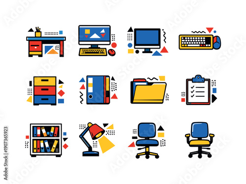 Vector Office Icons. Sales operations platform operations and workflow assets in abstract flat style: office desk, desktop computer, monitor, keyboard, mouse