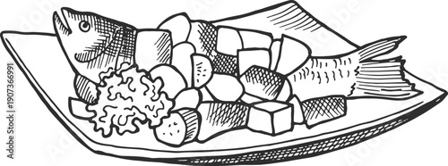 Grilled fish on plate. Seafood restaurant logo in hand drawn style