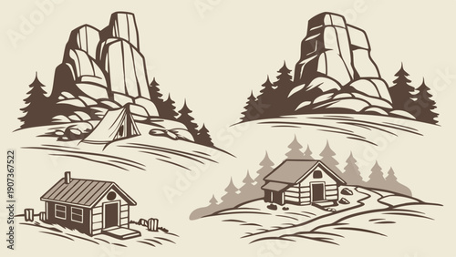 Rustic Wilderness Camping Icons Set Log Cabin Tent Mountain Landscape Engraving Style For Outdoor Adventure Travel Design