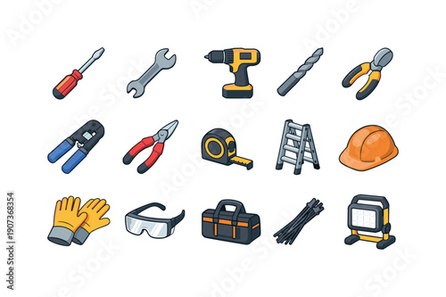 Tool Icons Grid. Telecommunications installation and maintenance tools in simple isometric flat vector style: screwdriver, wrench, drill, drill bit, cable