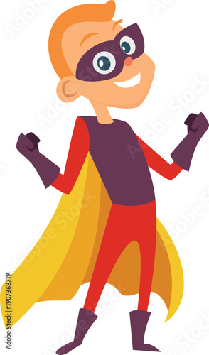 Kid party costume. Smiling boy in superhero mask