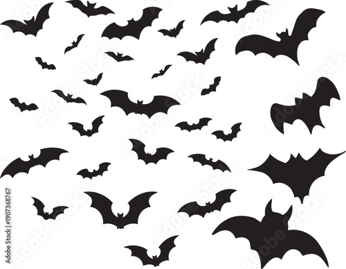 A Flurry of Dark Silhouette Bats: A spooky, silhouette of the creatures of the night creating a scene of dark flight in the sky. evoking the mystery and eeriness of Halloween