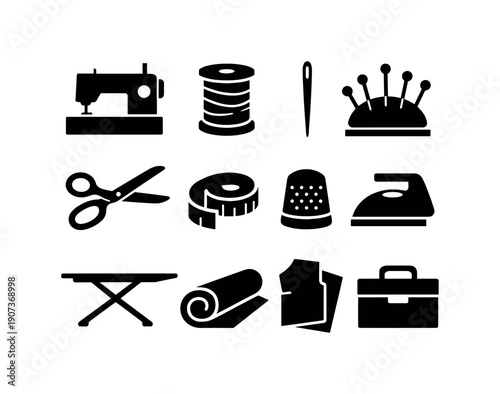 Home sewing tools: sewing machine, spool of thread, needle, pin cushion, fabric scissors, measuring tape, thimble, iron, ironing board, fabric roll, pattern