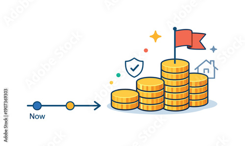 Personal financial planning and future readiness for everyday adults, a simple timeline paired with stacked coins and a small flag representing preparation and