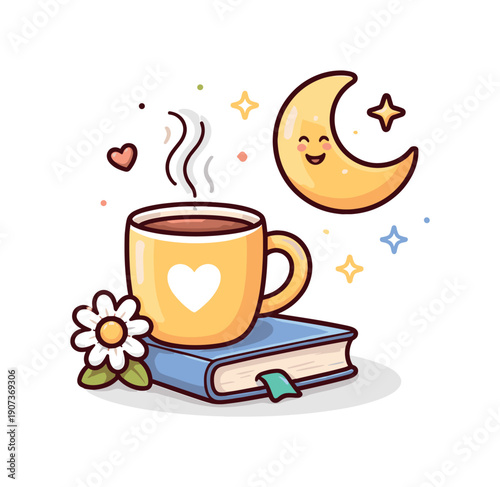 Calm daily habit of preparing a simple and comforting evening wind down routine after a busy day, a warm mug paired with a crescent moon icon representing