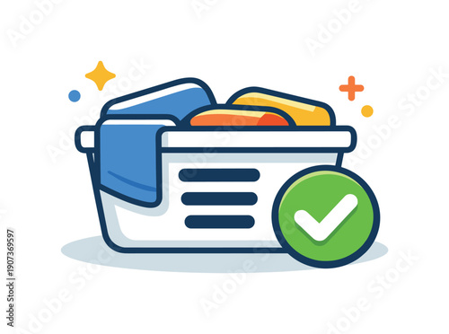 Balanced household routine and shared domestic responsibility in everyday life, a laundry basket paired with a simple checkmark representing manageable chores