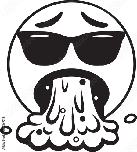 Emoji with cool Sunglasses: A expressive emoticon, sporting stylish sunglasses, and spewing a stream of symbolic expulsion.