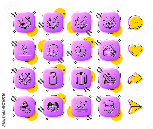 T-shirt, Niacin and Shirt line icons. App 3d buttons. Social media comment, share, like icons. Pack of Sun protection, Vitamin k, Sun cream icon. Oil drop, Shoes, Cream pictogram. Vector