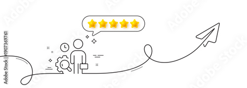 Inspect line icon. Continuous line with share plane. Quality research sign. Person verification symbol. Five star rate review in speech bubble. Inspect single line ribbon. Loop curve pattern. Vector