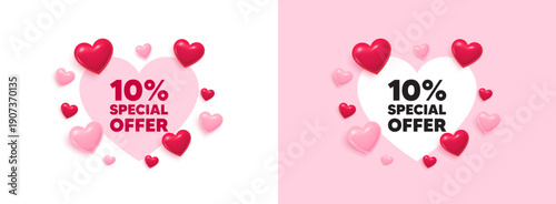 Discount heart shaped banner. 3d flying hearts. 10 percent discount offer tag. Sale price promo sign. Special offer symbol. Valentines day greeting card. Cute 3d love hearts. Vector