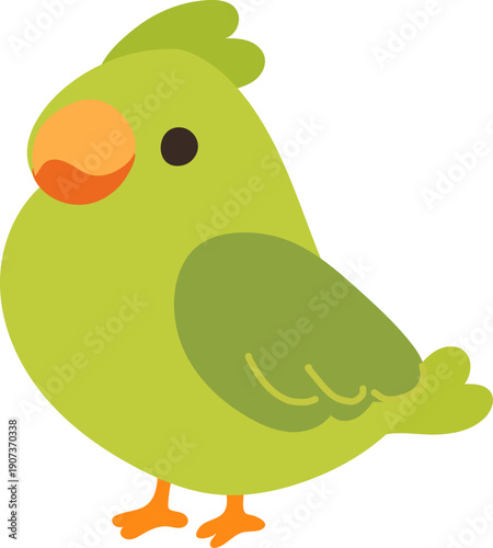 A cute green bird is illustrated in a simple flat cartoon style with an orange beak and feet