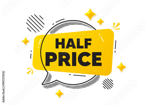 Half price chat speech bubble. Social media concept. Half Price tag. Special offer Sale sign. Advertising Discounts symbol. Yellow chat message. Offer speech bubble. Glare 3d stars. Vector