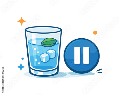 Calm daily habit of preparing a light and refreshing hydration break to reset energy, a glass of water paired with a small pause icon representing mindful rest