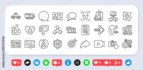Next, Chemistry experiment and Face detection line icons pack. Social media: share, comment, like icons. Ranking star, Parcel shipping, Cogwheel web icon. Vector