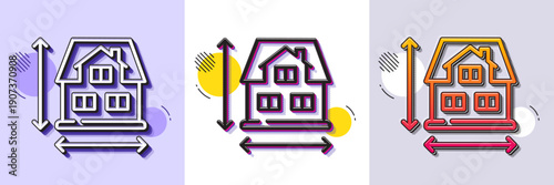 House dimension line icon. Halftone dotted pattern. Gradient icon with grain shadow. Building size sign. Architecture measurement symbol. Line house dimension icon. Various designs. Vector