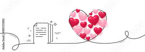 Copy documents line icon. Continuous line big heart. Doc file duplicates sign. Office note symbol. 3d hearts in heart shaped loop. Copy documents single line ribbon. Loop curve pattern. Vector
