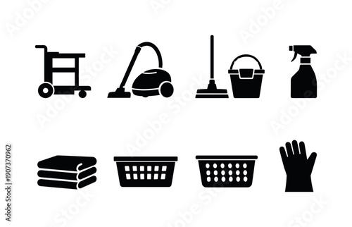 Housekeeping equipment silhouette style: cleaning cart, vacuum cleaner, mop, bucket, spray bottle, towel stack, laundry basket, glove