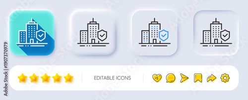 Apartment insurance hand line icon. Neumorphic, Flat shadow, 3d buttons. Risk coverage sign. Building protection symbol. Line apartment insurance icon. Social media icons. Vector