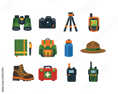 Wildlife conservation field gear in flat style: binoculars, camera, tripod, GPS device, field notebook, pen, backpack, water bottle, ranger hat, hiking boot