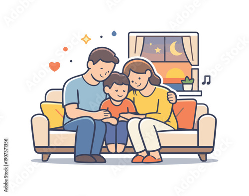 Calm family evening centered on emotional closeness and rest at the end of the day, two adults and a child sitting close together on a sofa near a window with