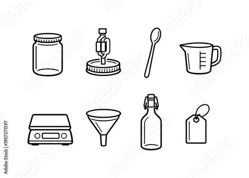 Home fermentation tools: glass jar, airlock lid, mixing spoon, measuring cup, kitchen scale, funnel, storage bottle, label tag