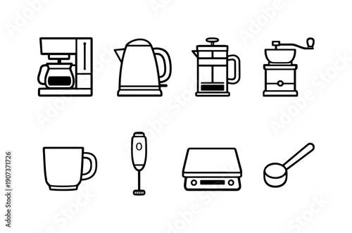 Home coffee brewing essentials: drip coffee maker, electric kettle, french press, coffee grinder, coffee mug, milk frother, coffee scale, spoon scoop