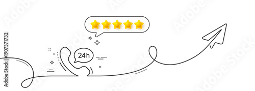 24 hour service line icon. Continuous line with share plane. Call support sign. Feedback chat symbol. Five star rate review in speech bubble. 24h service single line ribbon. Loop curve pattern. Vector