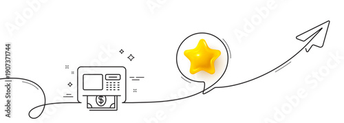 ATM line icon. Continuous line with share plane. Money withdraw sign. Payment machine symbol. 3d star in speech bubble. ATM single line ribbon. Loop curve pattern. Vector