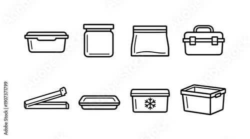 Home food storage items: plastic container, glass container, food storage bag, lunch box, freezer box, clip seal, container lid, storage bin