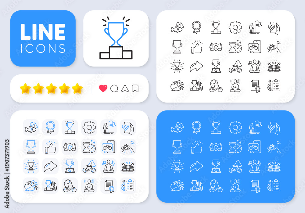 Naklejka premium Bike app, Yoga and Success line icons for web app. Message, Share, Like social media icons. Pack of Fish, Diet menu, Bike attention pictogram icons. Laureate, Vegetables, Winner podium signs. Vector